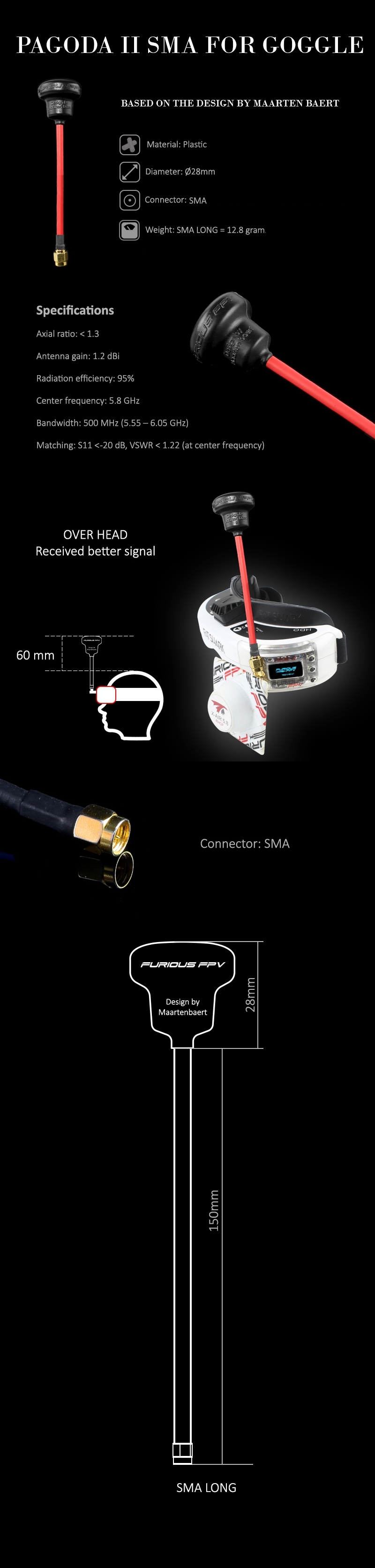 FuriousFpv Pagoda LHCP 5.8G 1.2dBi FPV Antenna Long SMA For True D Fatshark Receiver