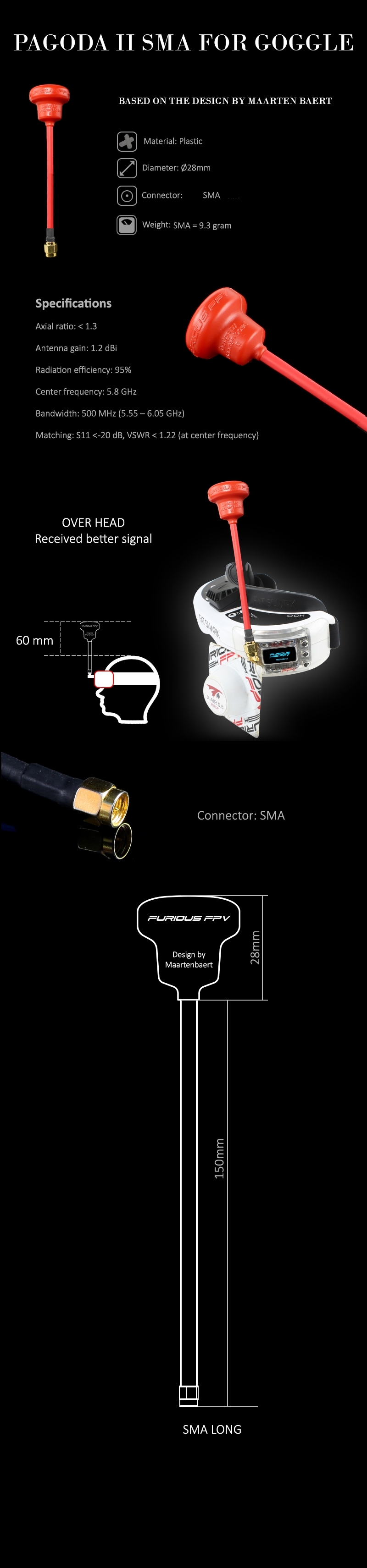 FuriousFpv Pagoda RHCP 5.8G 1.2dBi FPV Antenna Long SMA For True D Fatshark Receiver