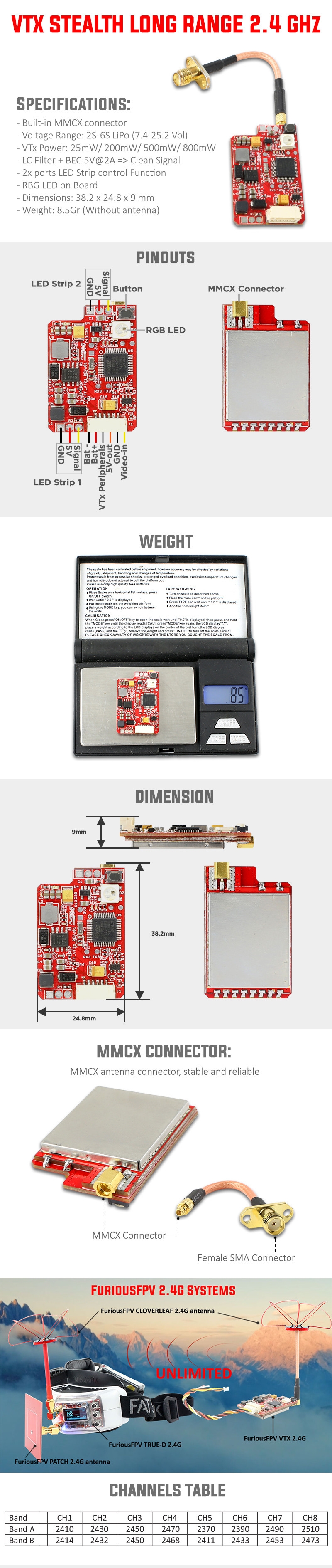 FuriousFPV 2.4G 16CH 25/200/500/800mW Switchable VTX Stealth Long Range FPV Video Transmitter