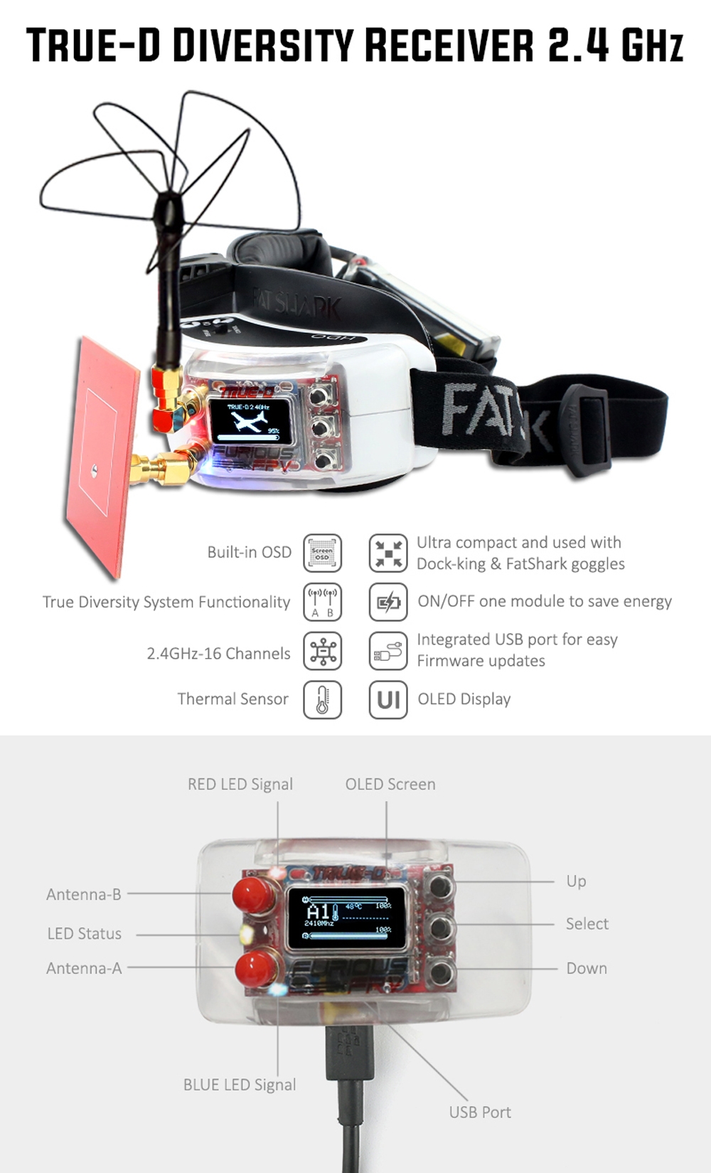 Furious True-D 2.4 GHz Diversity Receiver System Clarity Redefined for Fatshark Goggles