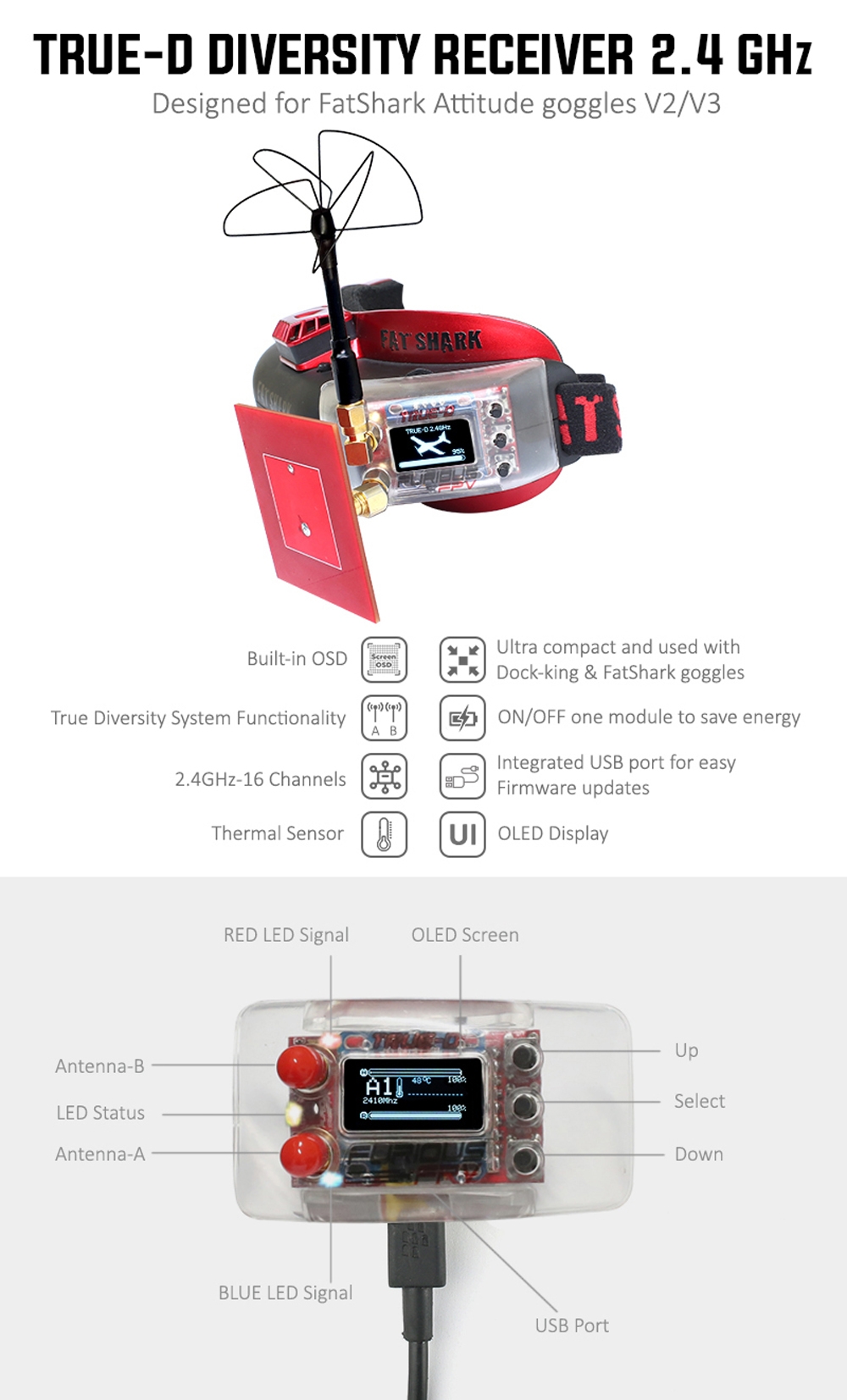 Furious True-D 2.4GHz Diversity Receiver System FatShark Attitude Version for Fatshark Goggles