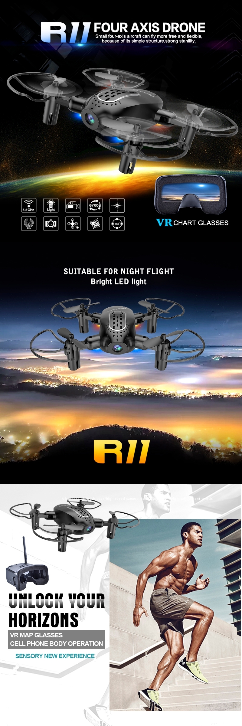 Realacc R11 Mini 5.8G FPV Foldable RC Drone Quadcopter with 720P HD Camera 3 Inch Goggles
