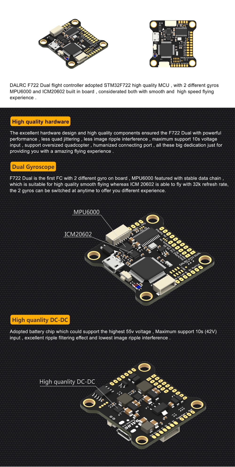 DALRC F722 DUAL STM32F722RGT6 F7 Flight Controller MPU6000 and ICM20602 Built-in OSD for RC Drone