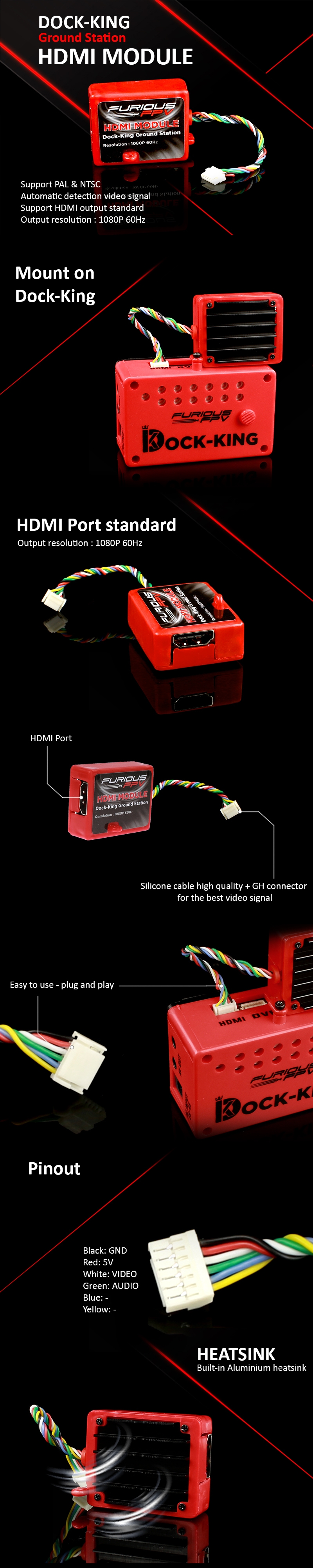 FuriousFPV HDMI Module For Dock-King Ground Station Support HD 1080P 60Hz Output Resolution