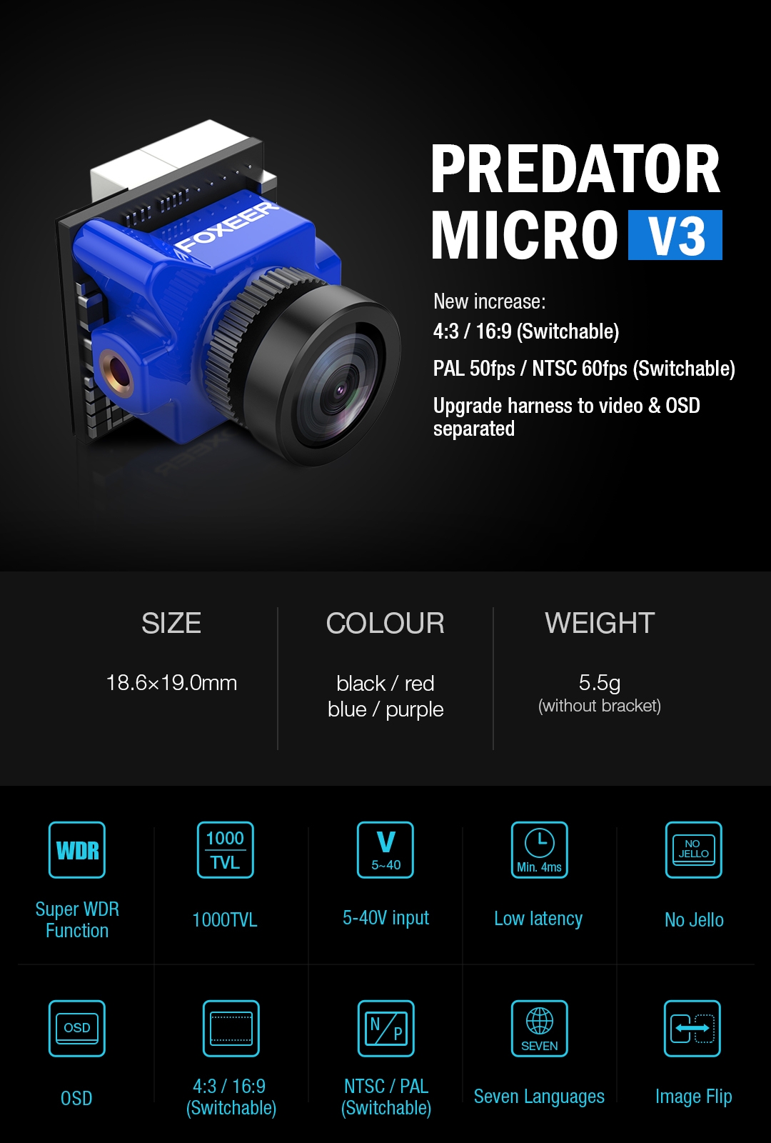 Foxeer Predator Micro V3 16:9/4:3 PAL/NTSC Switchable Super WDR 4ms Latency OSD FPV Camera