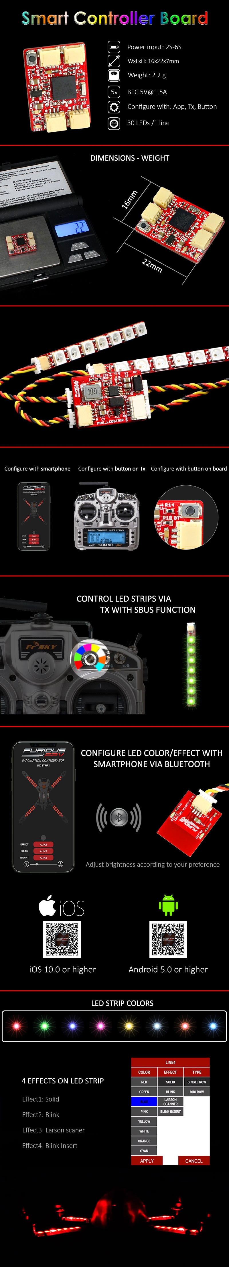 FuriousFPV LED Strip Smart Controller Board With Bluetooth Module For RC Drone