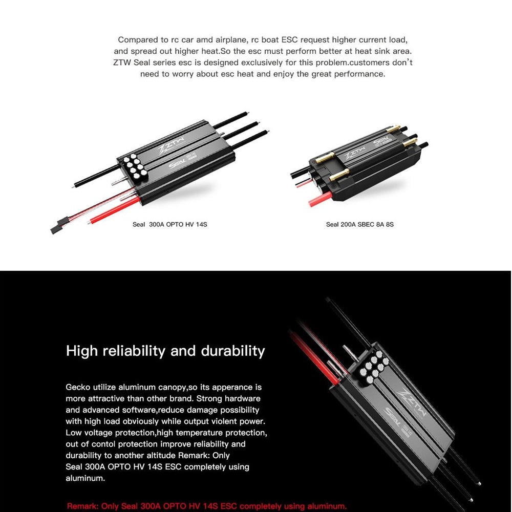 ZTW Seal 300A OPTO HV 14S All Metal Brushless ESC W/ Water Cooling System for Rc Boat Parts