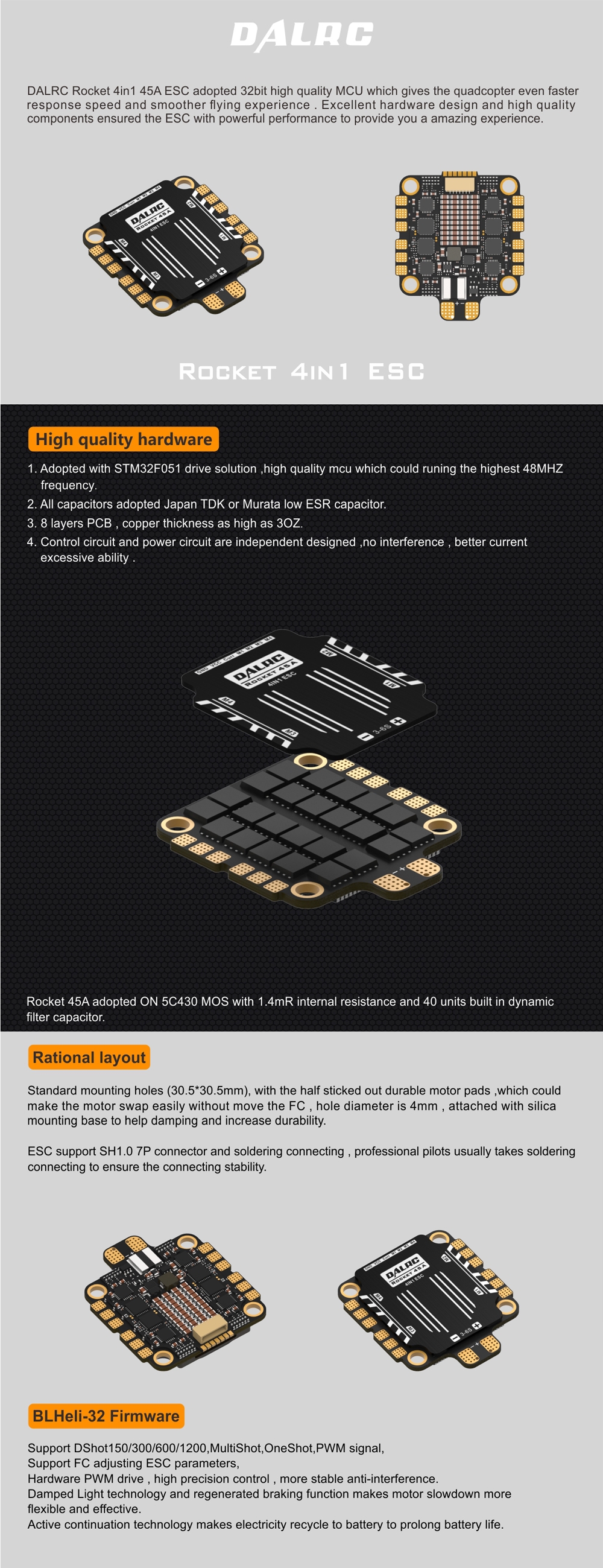 DALRC Rocket 45A 3-6S Blheli_32 DSHOT1200 Ready 4 In 1 FPV Racing Brushless ESC 30.5x30.5mm