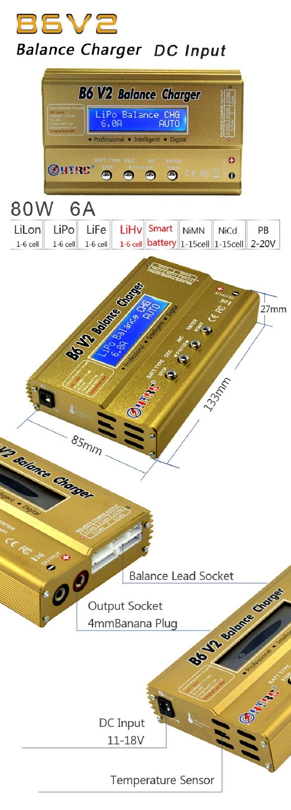 HTRC B6 V2 80W 6A Digital Battery Balance Charger Discharger With Power Supply