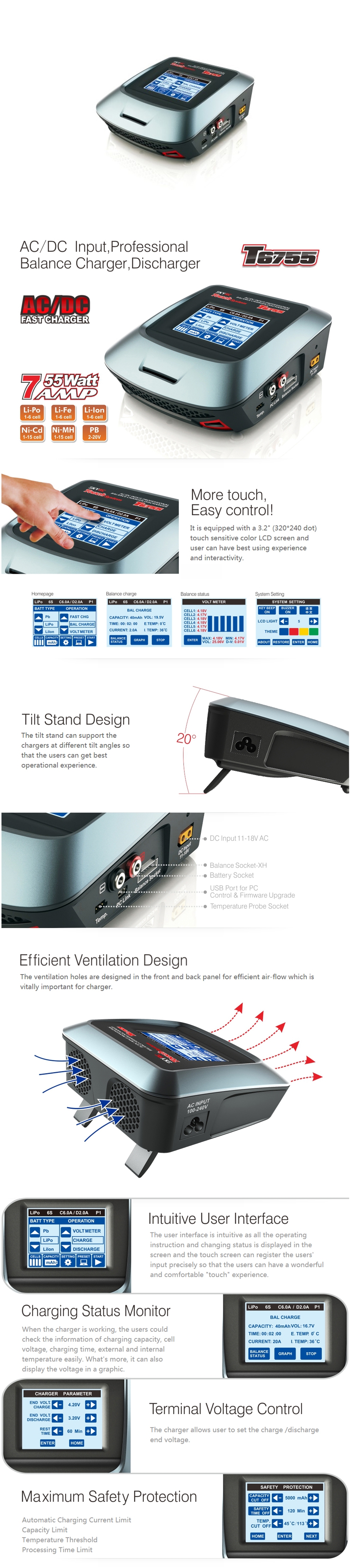 SKYRC T6755 55W 7A Touch Screen AC DC Battery Balance Charger Discharger