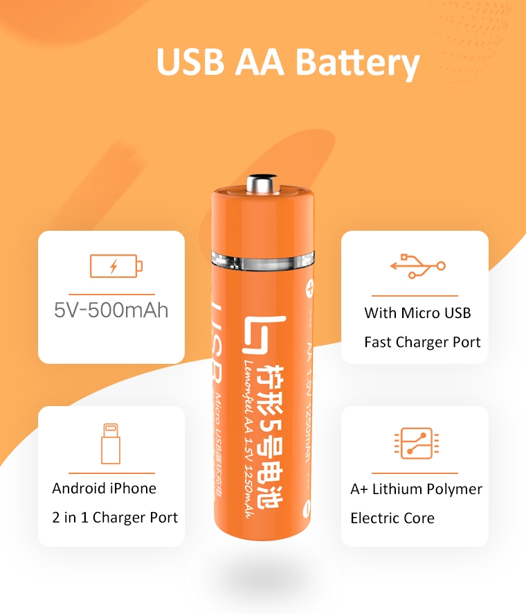 Lemonfeel 1.5V 500mAh USB Rechargeable AA Lipo Battery 1 Hour Quick Charging AA Power Bank
