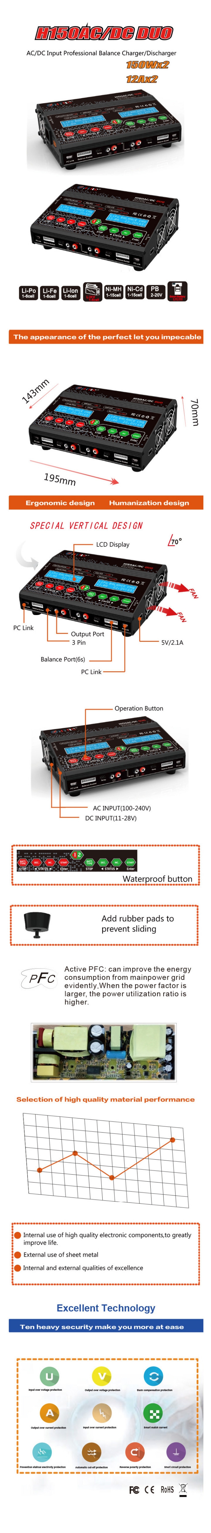 HTRC H150 DUO AC/DC 300WX2 12AX2 Dual Output Battery Balance Charger Discharger