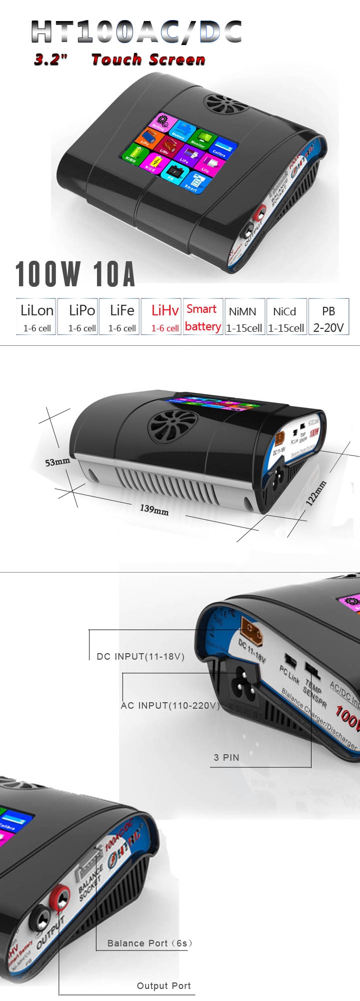 HTRC HT100 AC/DC 100W 10A 3.2 Inch Color LCD Touch Screen Battery Balance Charger Discharger