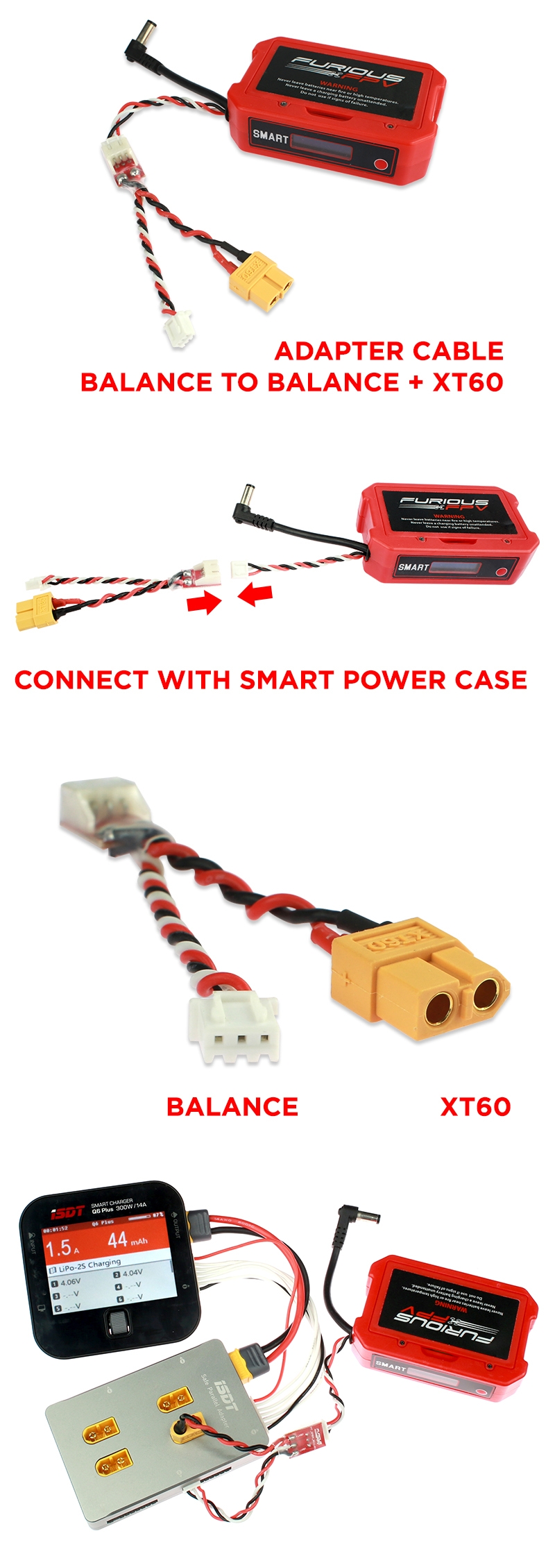 FuriousFPV Adapter Cable With Balance to Balance & XT60 Female Plug For Smart Power Case