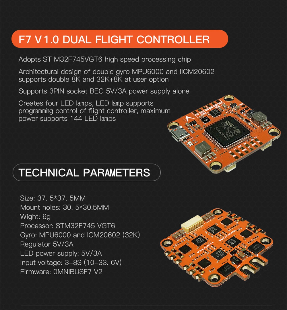 TTTRC F7 Dual Gyro MPU6000 & ICM20602 3-8S Flight Controller W/ LED OSD for FPV RC Drone