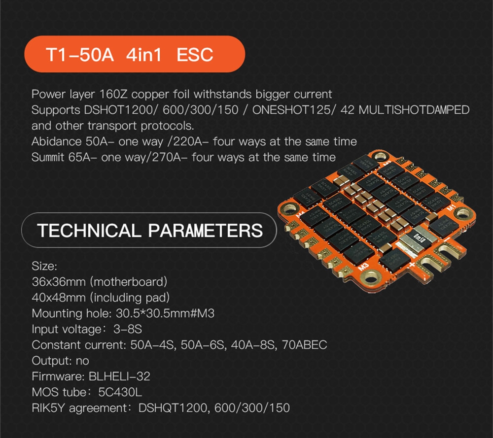TTTRC T1-50A 50A 4in1 BLHeli_32 3-8S Brushless ESC Support Multishot for FPV RC Drone