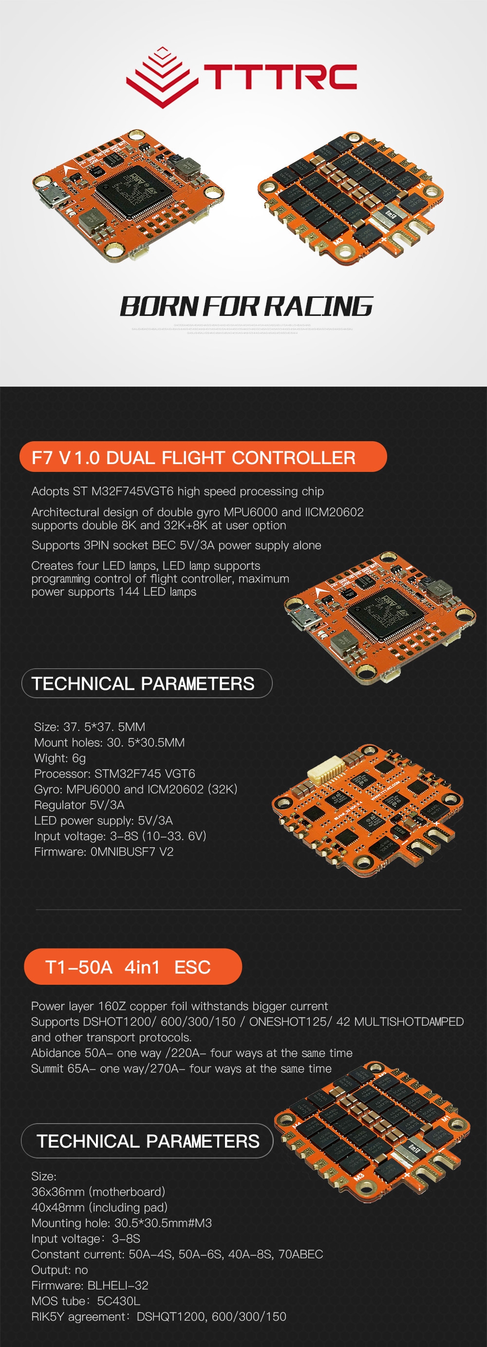 TTTRC F7 3-8S Dual Gyro Flight Controller W/ LED OSD+T1-50A 4in1 BLHeli_32 ESC for FPV RC Drone