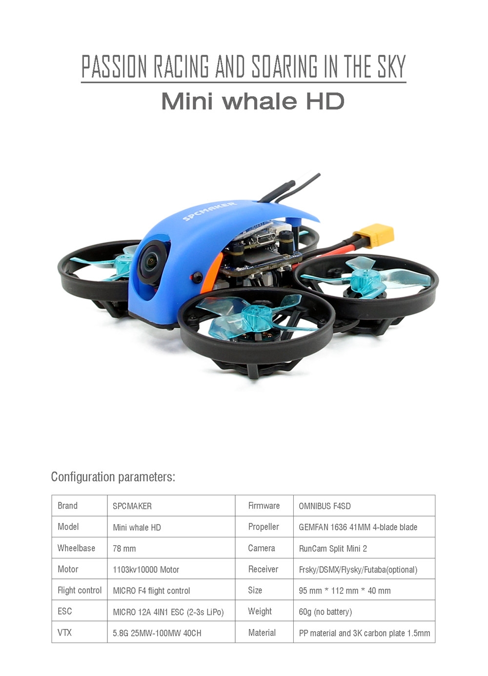 SPC Maker Mini Whale HD 78mm Micro F4 Cinewhoop FPV Racing Drone PNP BNF w/ 25/100mW VTX Runcam Split Mini 2