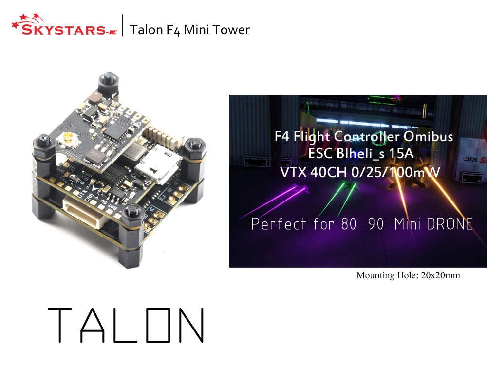 20x20mm Skystars Talon Mini Flytower F4 OSD Flight Controller & 15A BL_S 4in1 ESC & 40CH 25/100mW VTX