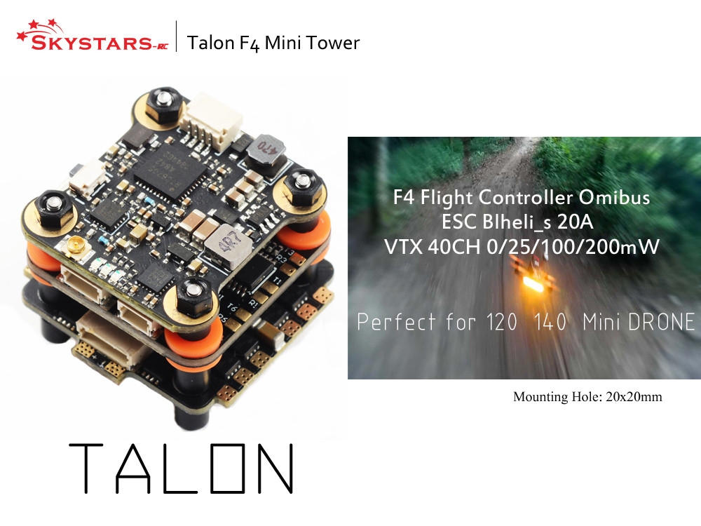 20x20mm Skystars Talon Mini F4 Flytower F4 OSD Flight Controller & 20A BL_S 4in1 ESC & 48CH 25/100/200mW VTX