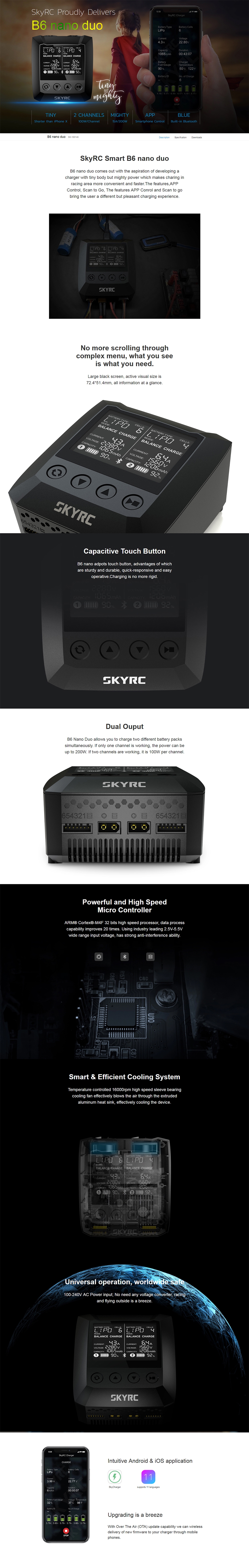 SKYRC B6 Nano DUO 2X100W 15A AC Bluetooth Smart Battery Charger Discharger Support SkyCharger APP