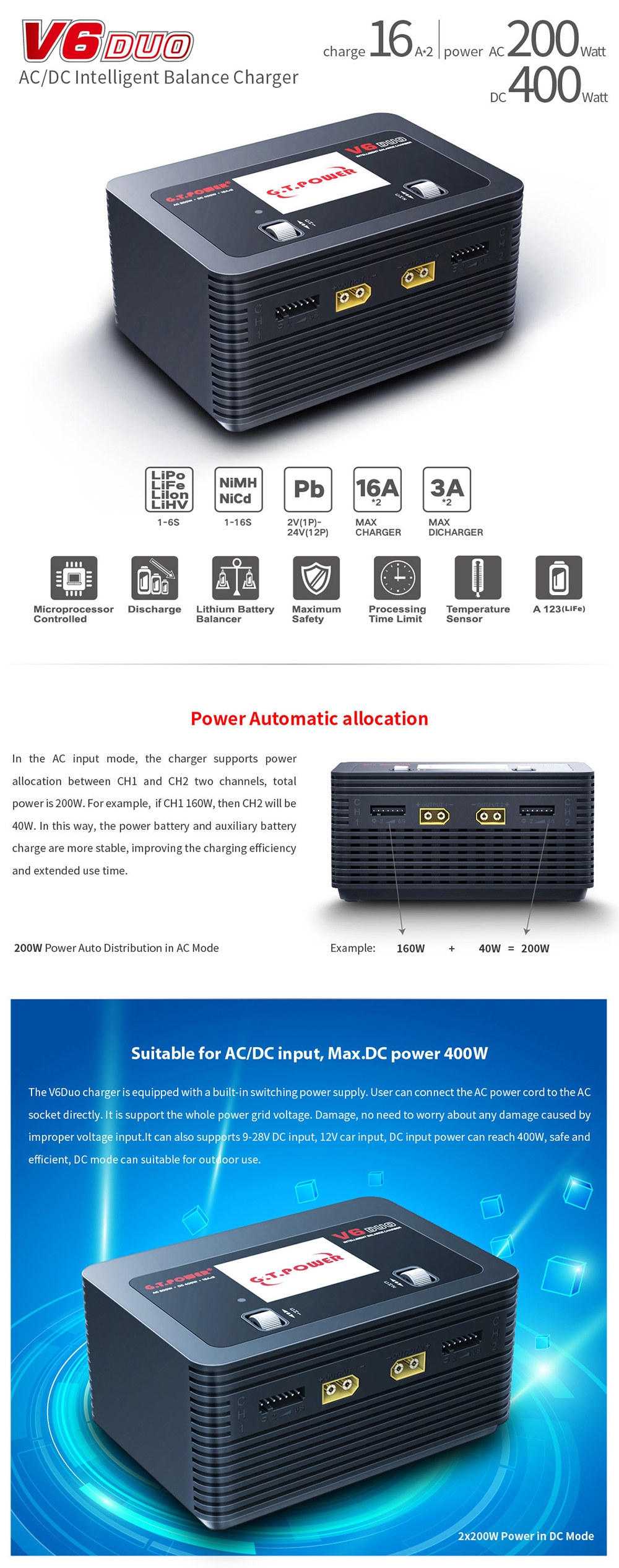 G.T.Power V6 DUO AC 200W DC 400W 2X16A Battery Charger Discharger for 1-6S Lipo Battery