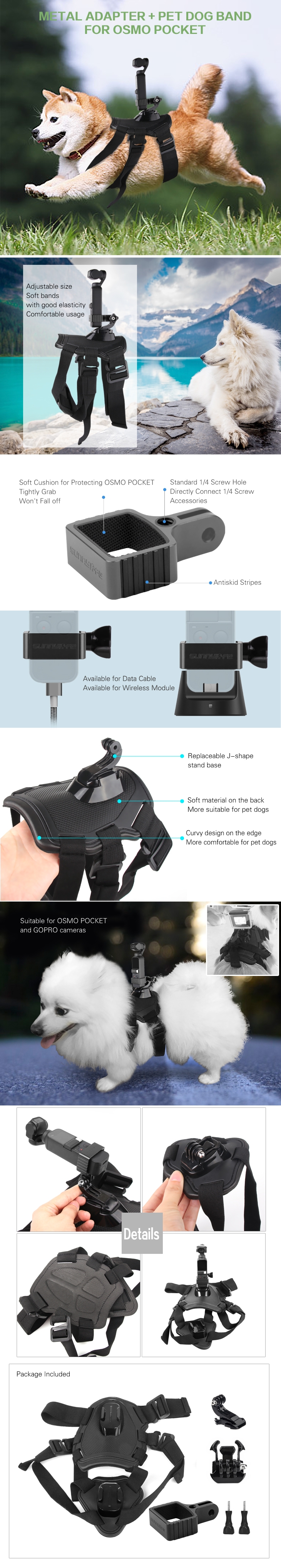 Sunnylife OSMO Pocket Gimbal Expansion Bracket with Pet Dog Harness Mount Fixed Adatper Holder Adjustable Elastic Strap Accessories for DJI GoPro Camera
