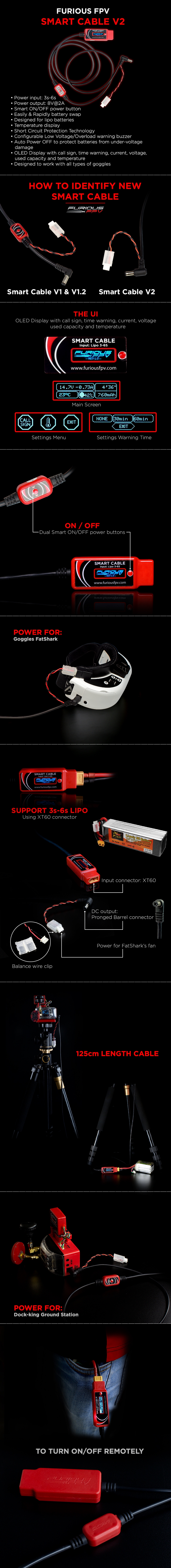 FuriousFPV 11.1V 3S-22.2V 6S Input OLED Display Smart Cable V2 for Lipo Battery Fatshark