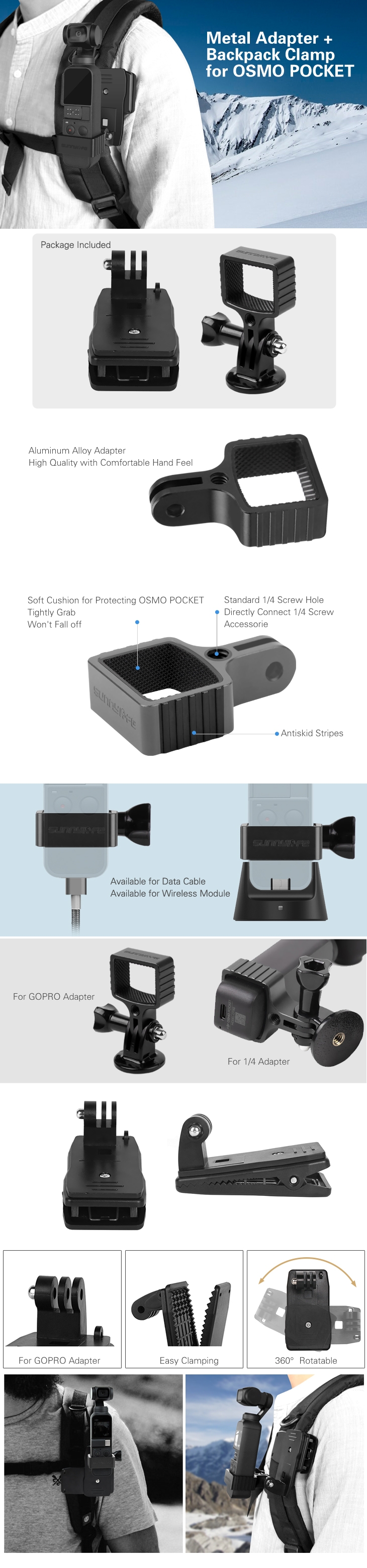 Sunnylife OSMO Pocket Adatper Mount Gimbal Expansion Bracket with Backpack Clip Holder Accessories for DJI