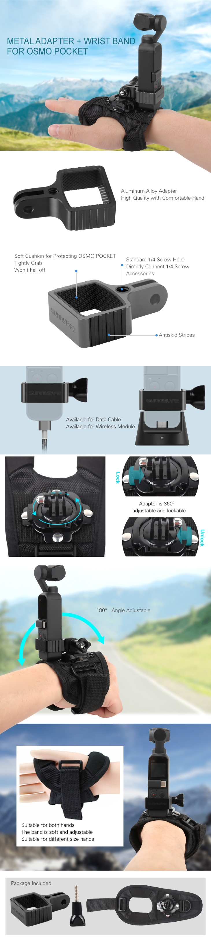 Sunnylife OSMO Pocket Gimbal Expansion Bracket with Wrist Strap Mount Hand Fixed Adatper Holder Adjustable Elastic Bandage Accessories for DJI GoPro Camera
