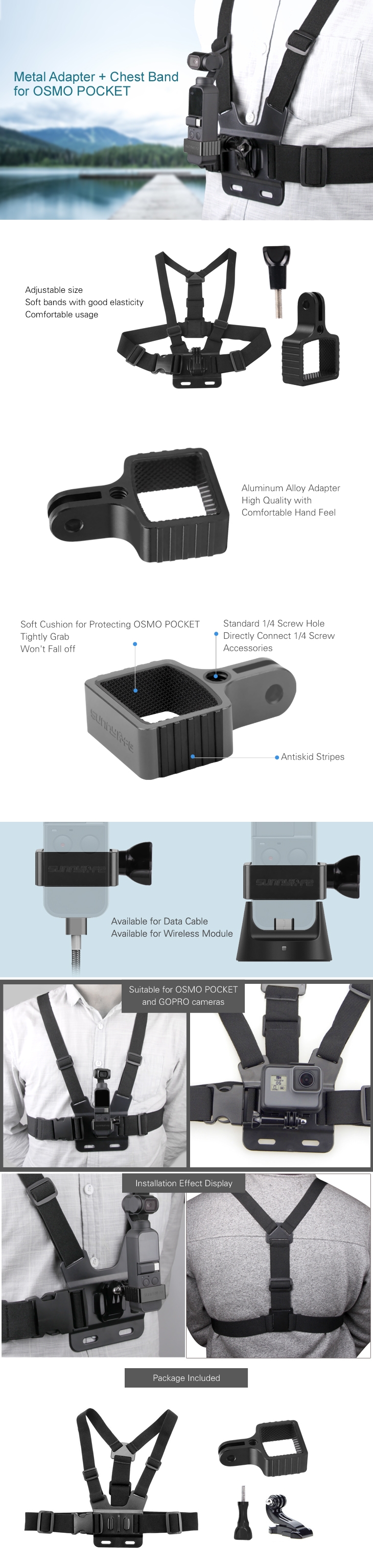 Sunnylife OSMO Pocket Gimbal Expansion Bracket with Chest Mount Breast Strap Fixed Adatper Holder Adjustable Elastic Bandage Accessories for DJI GoPro Camera