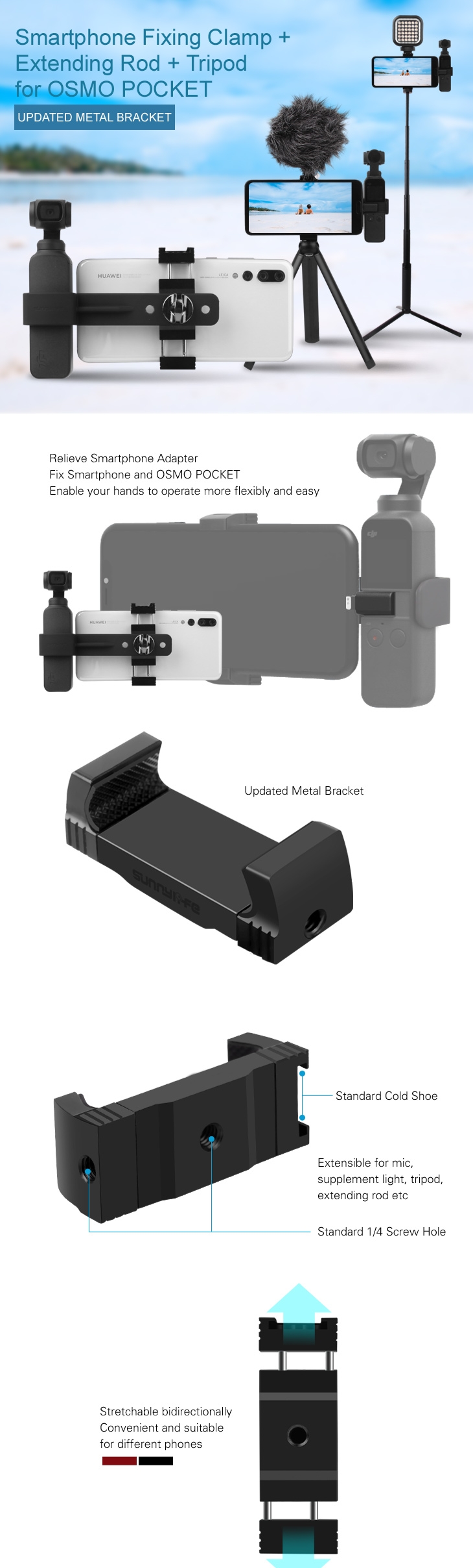 Sunnylife Metal Smartphone Clamp Mount Holder Tripod Extension Rod for DJI OSMO POCKET Gimbal