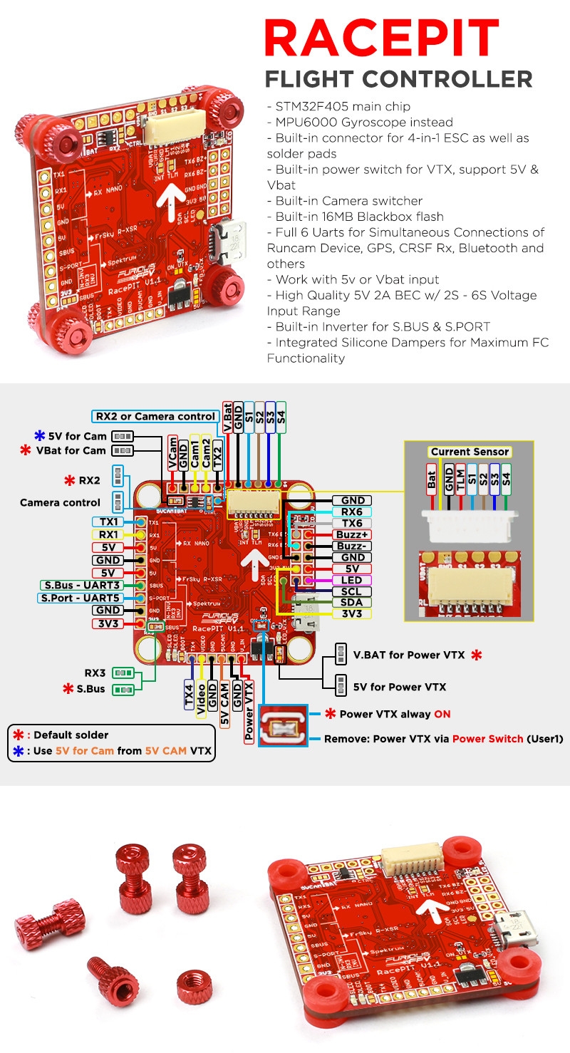 FuriousFPV Racepit F4 Flight Controller AIO OSD 5V BEC & Black Box for RC Drone FPV Racing