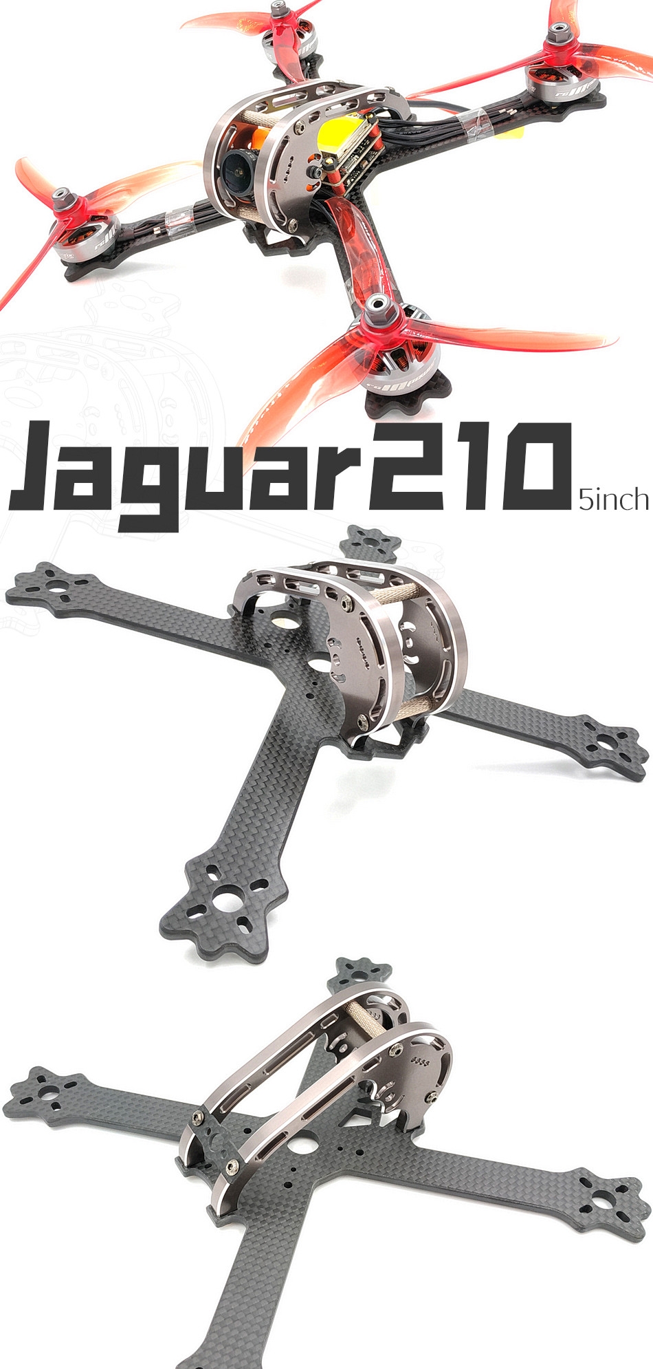 AlfaRC Jaguar210 210mm Wheelbase 4mm Arm 5 Inch 3K Carbon Fiber Frame Kit for RC Drone FPV Racing