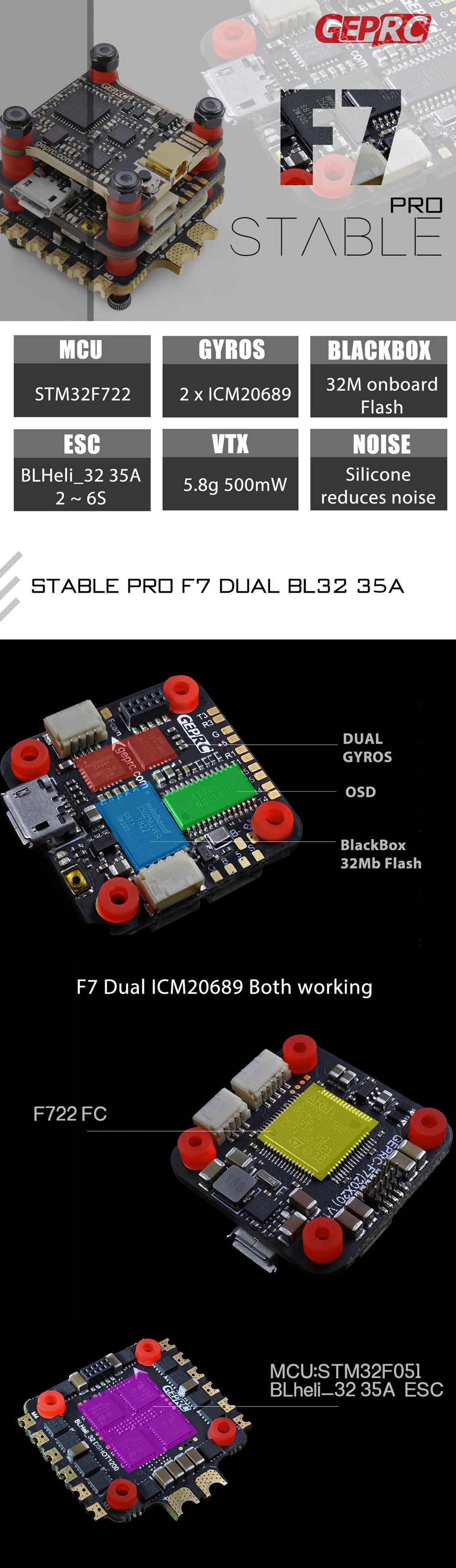 Geprc Stable Pro F7 Stack Dual Gyro F7 Flight Controller & 35A BLheli_32 4in1 ESC & 5.8G 500mW VTX for RC Drone