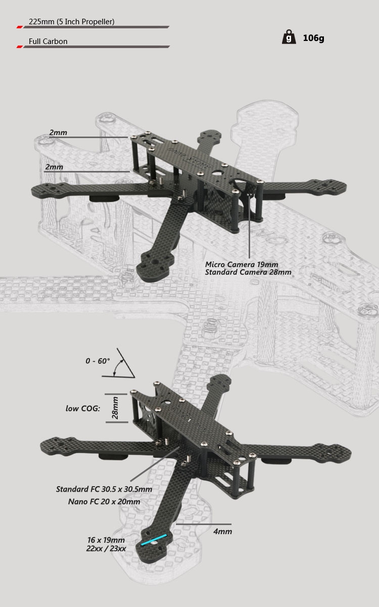 AMAXinno Freestyle 5E 225mm Wheelbase 4mm Arm Full Carbon 5 Inch Frame Kit for RC Drone FPV Racing