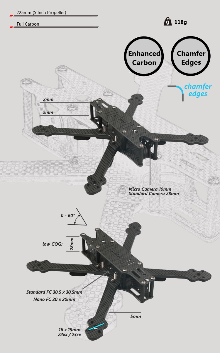 AMAXinno Freestyle 5 225mm Wheelbase 5mm Arm Full Carbon 5 Inch Frame Kit for RC Drone FPV Racing