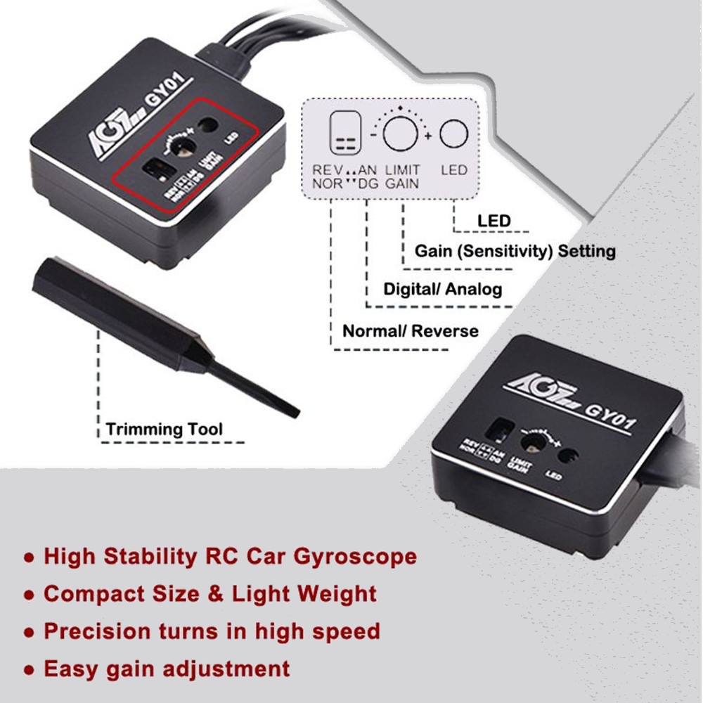 AGFRC GY01 Aluminum Case High Stability Drift Tuned Gyro for 1/8 1/10 RC Car Boat Model