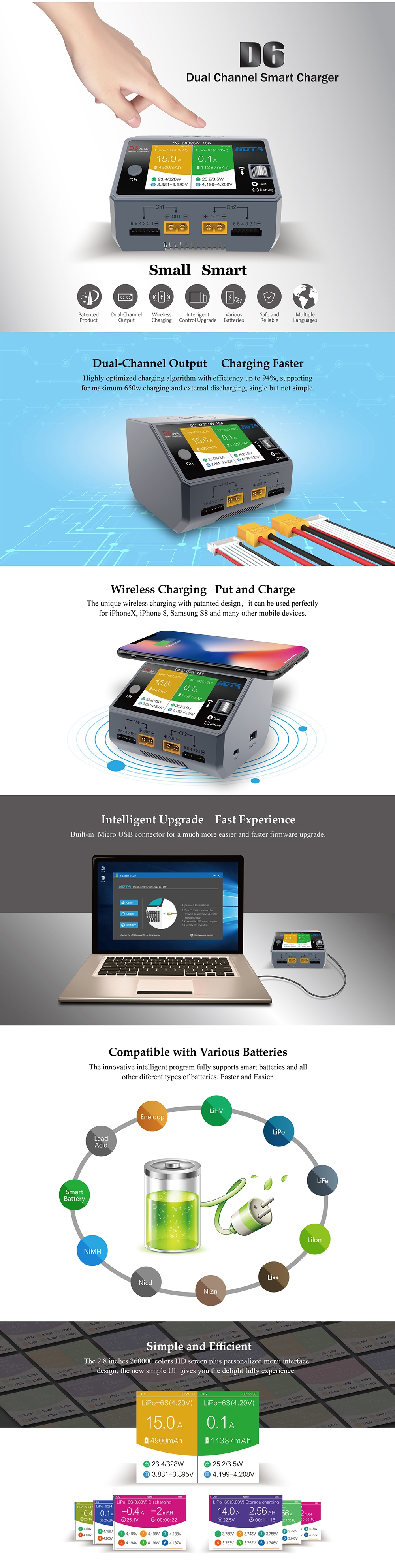 HOTA D6 DC 2X325W 2X15A Battery Charger With Wireless Charging for NiZn/Nicd/NiMH battery