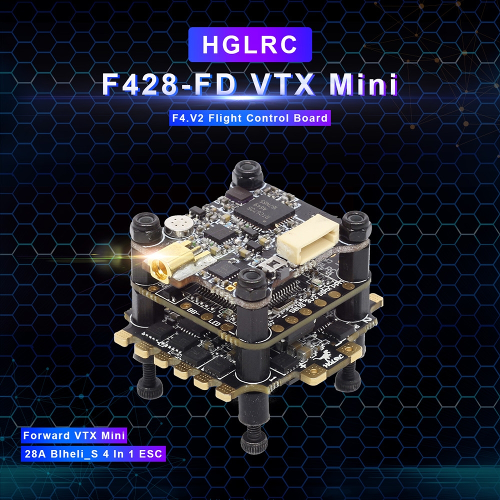 HGLRC XJB F428-Forward VTX Mini 20x20mm Stack F4 V2 Flight Controller & 28A BL_S ESC & 25/100/200/350mW VTX