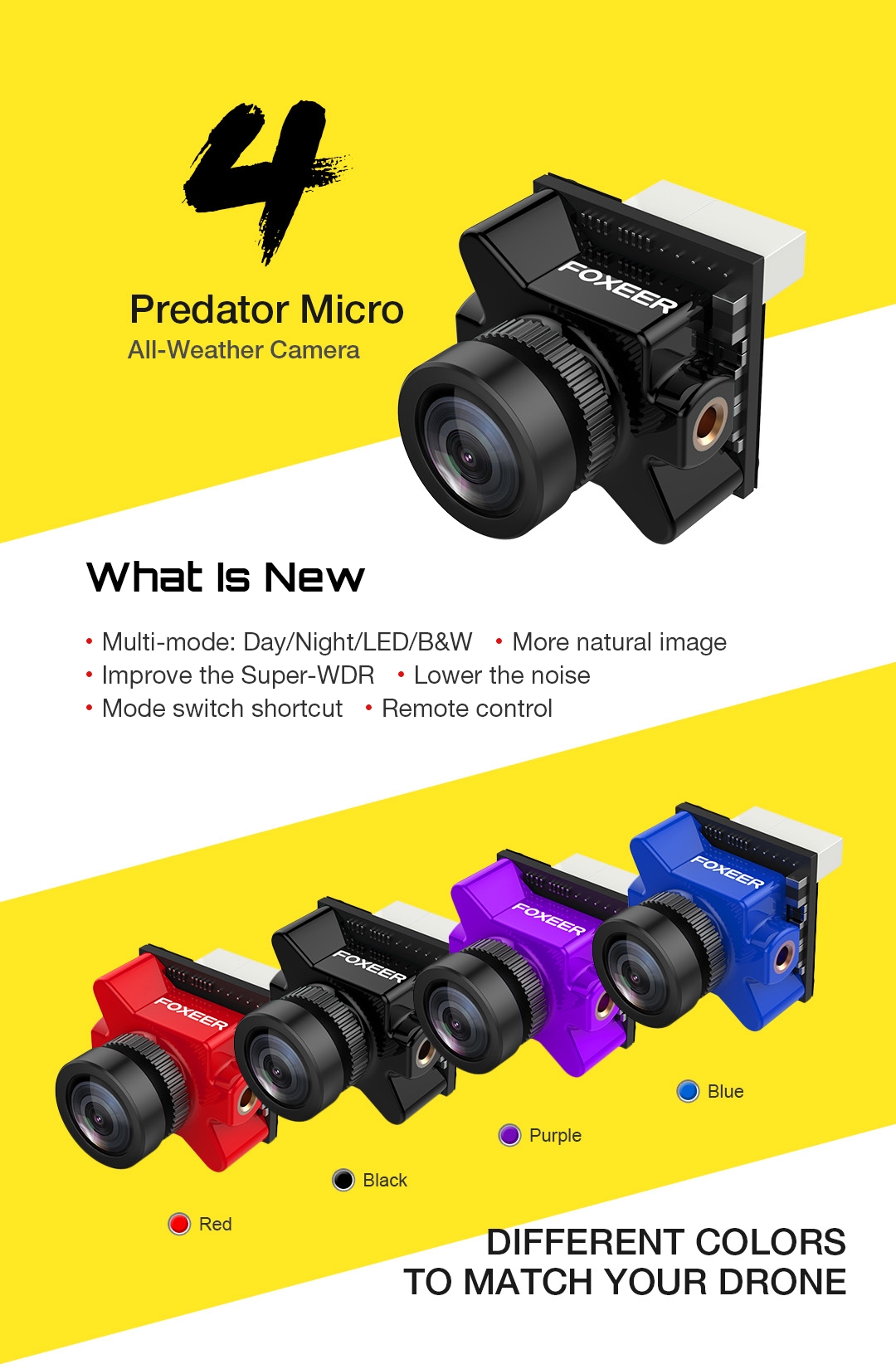 Foxeer Micro Predator 4 Super WDR 4ms Latency 1000TVL FPV Racing Camera w/ Connector + Foxeer ClearTX 2 5.8G 48CH 25/200/500/800mW Uart Remote Control VTx FPV Transmitter MMCX