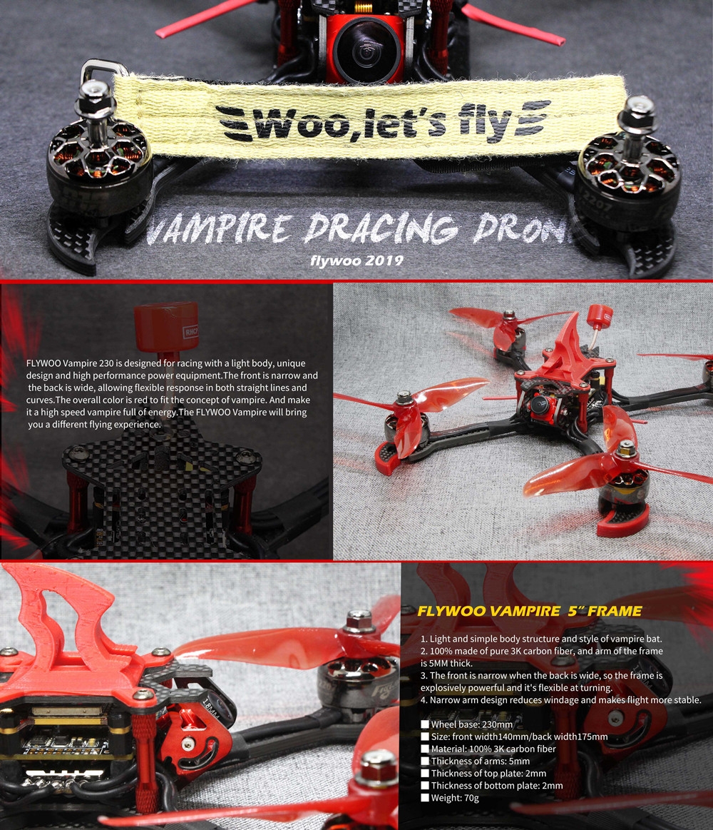 FLYWOO Vampire 230mm F4 2207 1750KV 6S / 2450KV 4S FPV Racing Drone PNP BNF w/ Foxxer Arrow Mini Pro Camera