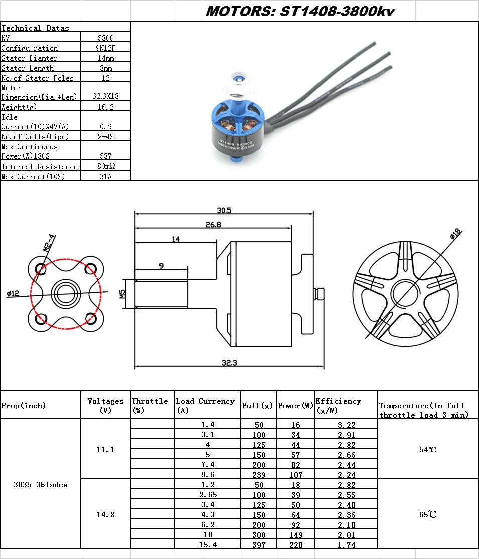 SKYSTARS ST1408 2400KV 3-6S 3800KV 2-4S Brushless Motor for RC Drone FPV Racing