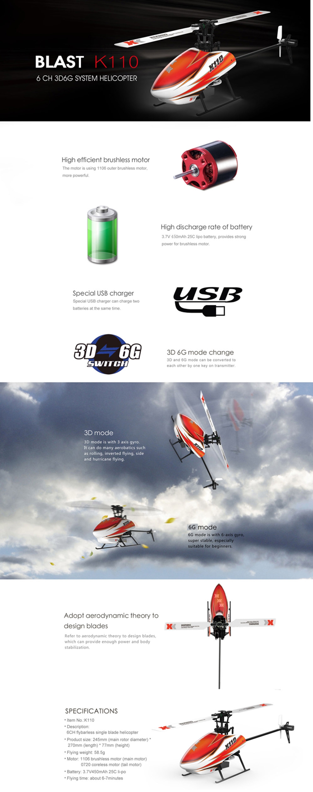 XK K110 2.4G 6CH 3D Flybarless RC Helicopter RTF Compatible With FU-TABA S-FHSS With 4PCS 3.7V 450MAH Lipo Battery