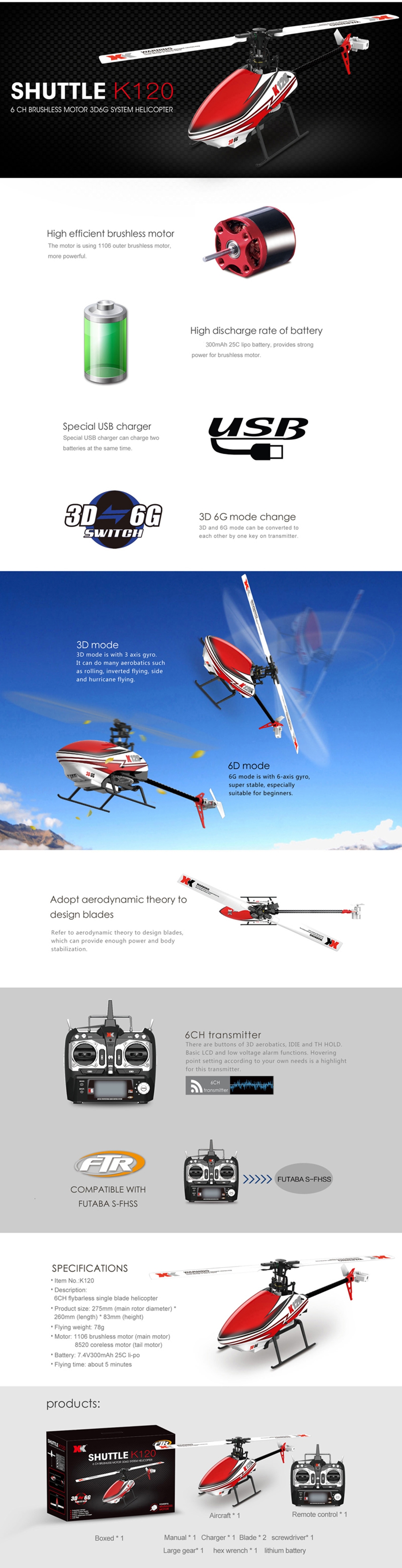 XK K120 Shuttle 2.4G 6CH Brushless 3D6G System RC Helicopter 4PCS 7.4V 300MAH Lipo Battery Version Compatible with S-FHSS