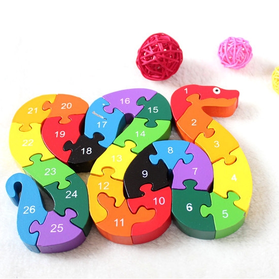 Kids Child Wooden Block Toys Alphabet Number Building Jigsaw Puzzle Snake Shape