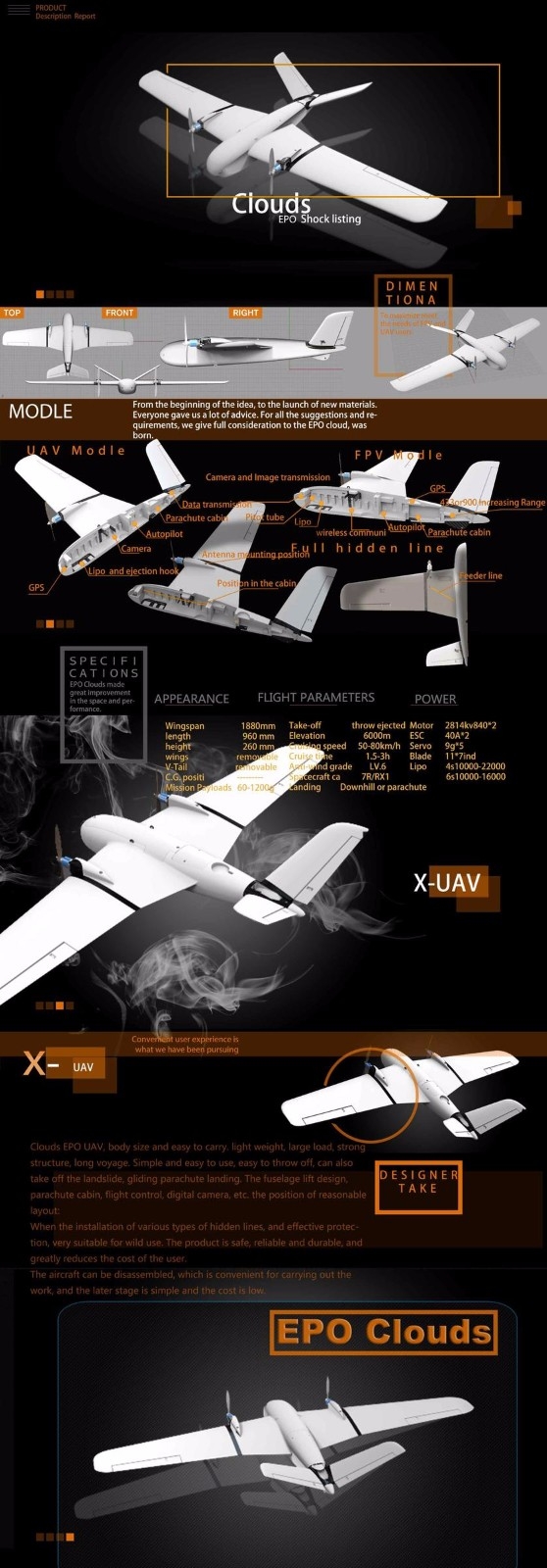 X-UAV Clouds 1880mm Wingspan EPO FPV Aircraft RC Airplane KIT