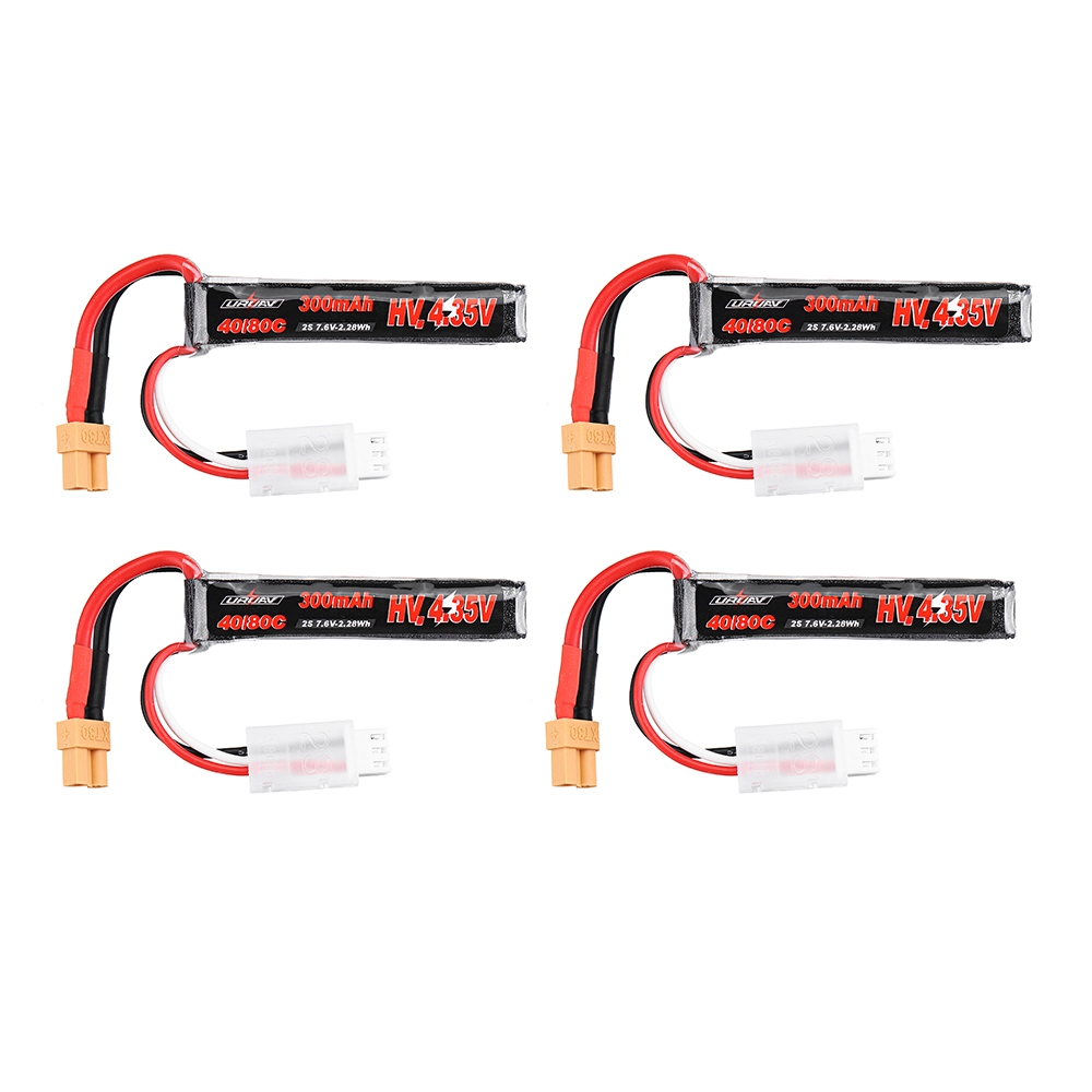 4Pcs URUAV 7.6V 300mAh 40C/80C 2S HV 4.35V Lipo Battery XT30 Plug for BETAFPV Whoop Quadcopter