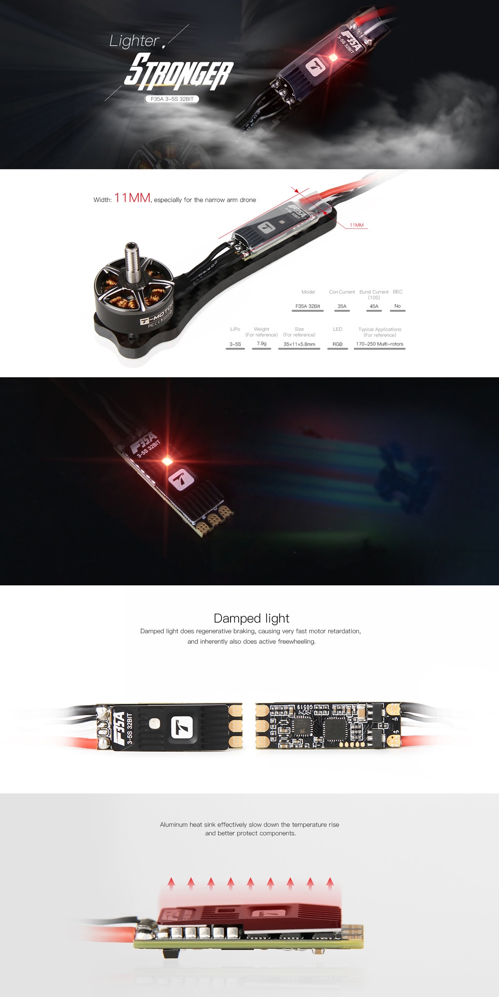 Summer Prime Sale T-motor F35A 35x11mm 35A BL_32 3-5S Brushless ESC w/ RGB LED for RC Drone