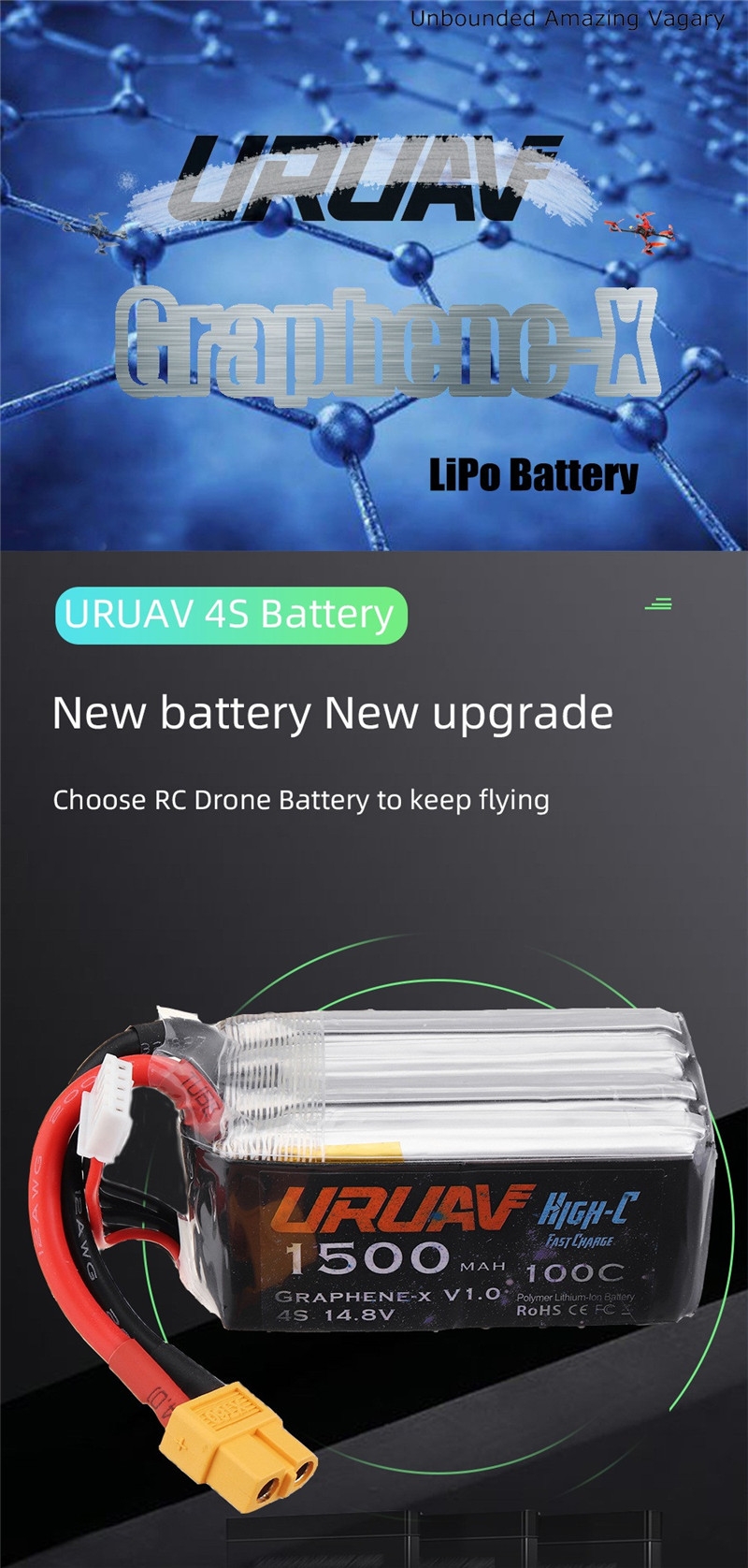URUAV Graphene-X V1.0 4S 14.8V 1500mAh 100C Fast Charge Lipo Battery XT60 Li Battery for FPV Racing RC Drone